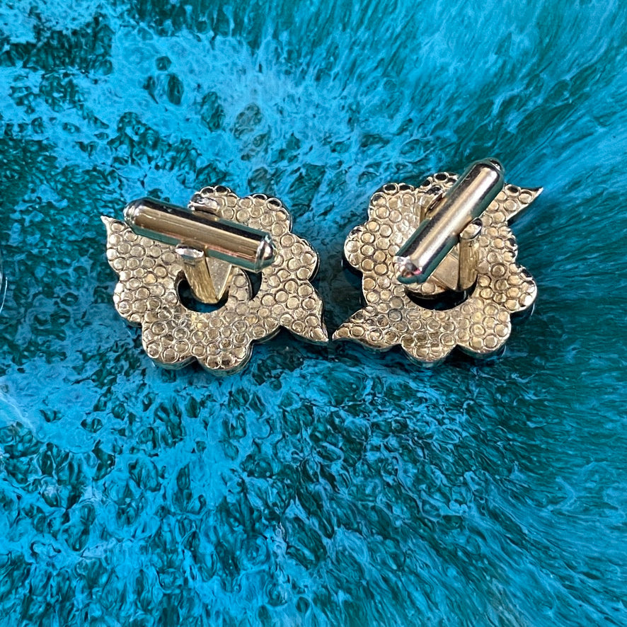 Vintage Kreisler Craft Cufflinks 10k Gold Plated with Black Enamel and Scalloped Design