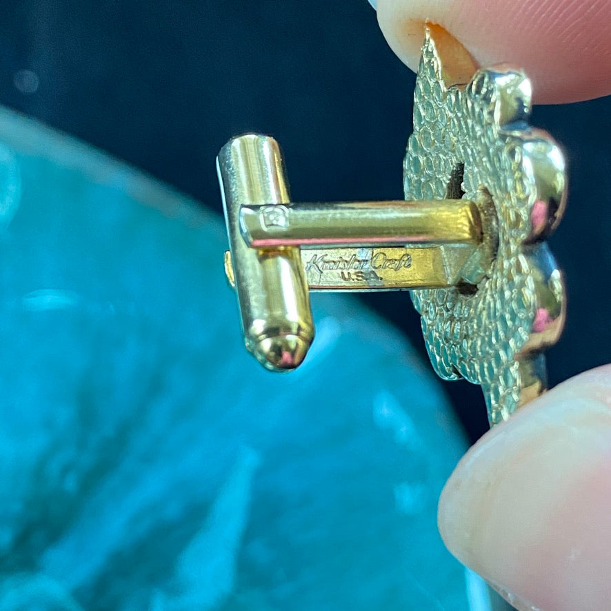 Vintage Kreisler Craft Cufflinks 10k Gold Plated with Black Enamel and Scalloped Design