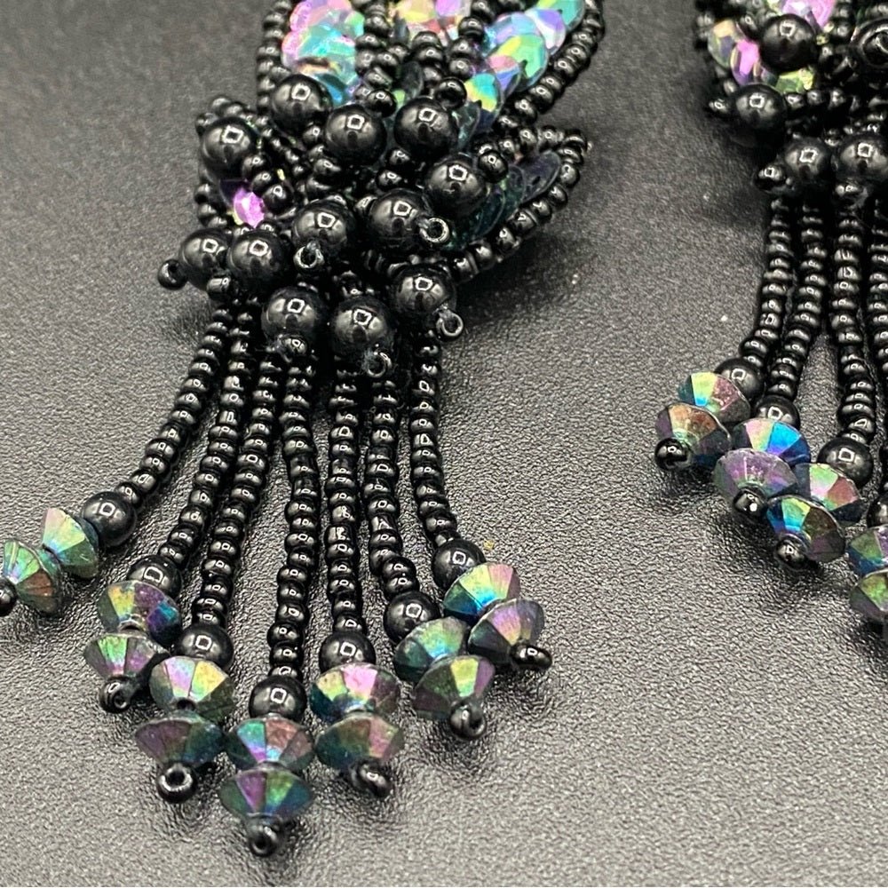EarringsBeaded Sequin Earrings — Leather Backed with AB Rhinestone Fringes - Native American