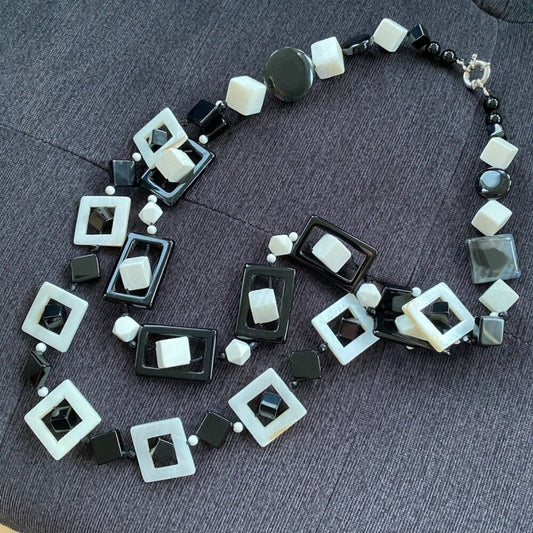 NecklaceBlack & White Mother of Pearl Statement Necklace – High End Jewelry Natural Stone