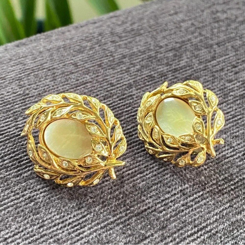 EarringsButler Signed Laurel Leaf & Mother of Pearl Gold-Tone Clip-On Earrings