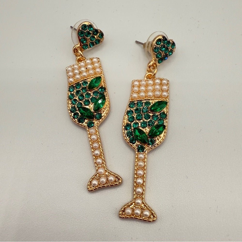 EarringsChampagne Drink Earrings in Elegant Green Rhinestone and Faux Pearl