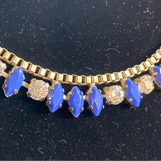 NecklaceJ. Crew Necklace in Gold and Blue Tones with Clear Rhinestone Accents - Vintage J Crew Preppy Style
