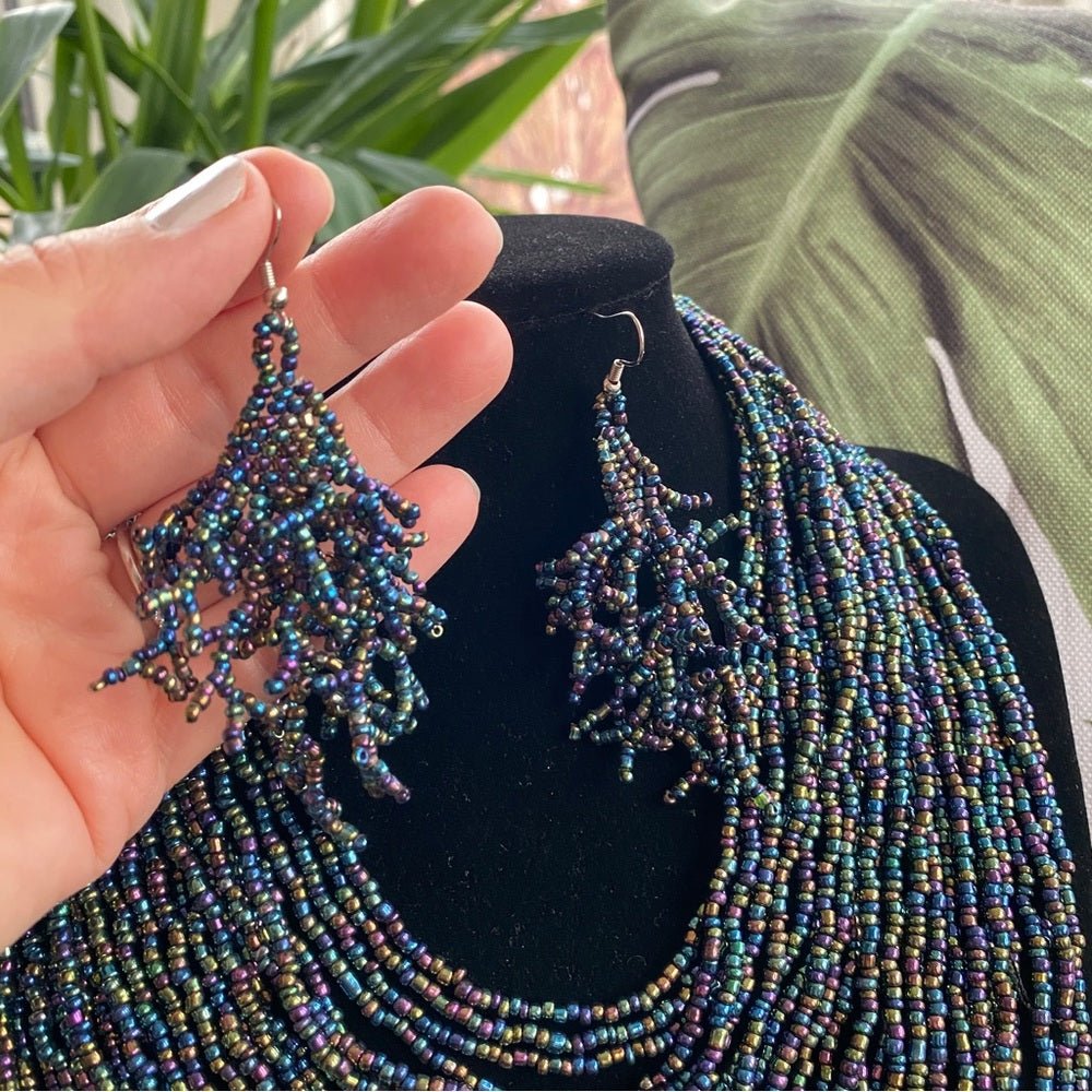 SetsMulti Strand Seed Bead Necklace and Dangly Matching Earrings in Iridescent Purple Blue Hues - Statement Bib Necklace