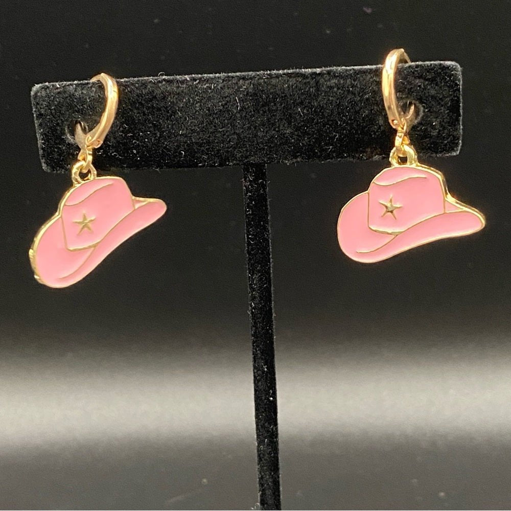 EarringsPink Cowgirl Hat Huggie Earrings — Enamel Rodeo Style