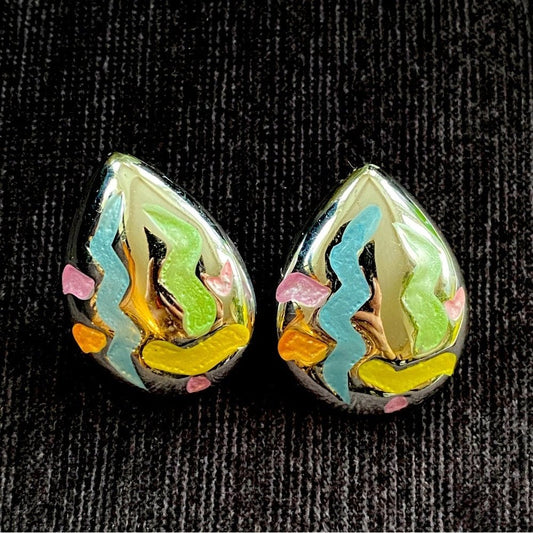EarringsVintage 80s Pastel Geometric Teardrop Earrings — Silver Tone