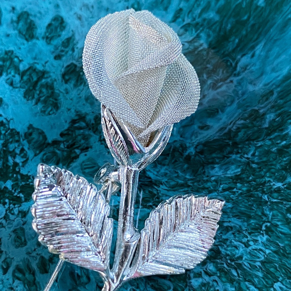 Anne Klein Signed Mesh Rose Silver Tone Brooch