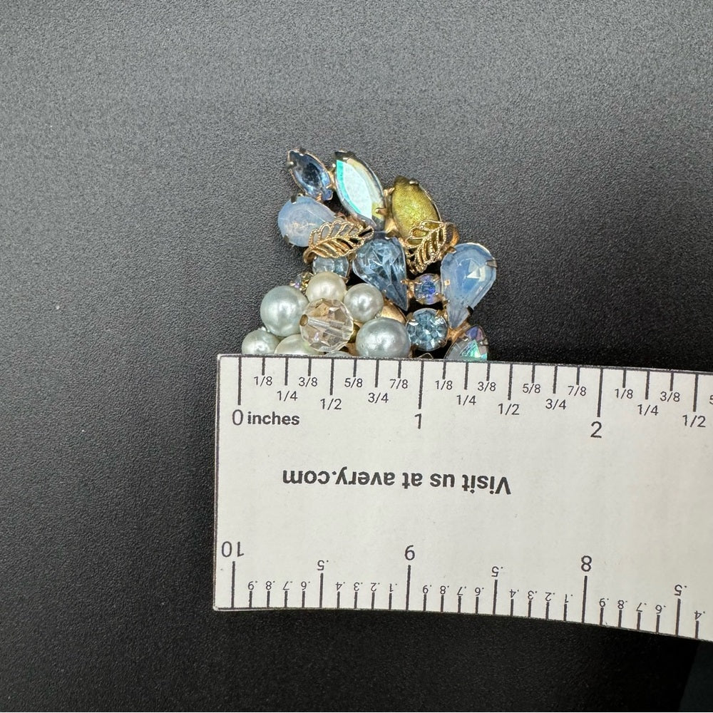 Stunning Blue and Gold Tone Faux Pearl Brooch with Crystal Beads