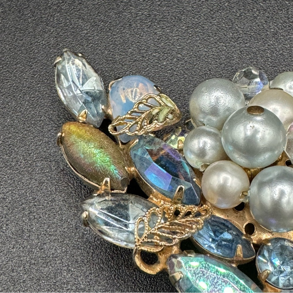 Stunning Blue and Gold Tone Faux Pearl Brooch with Crystal Beads