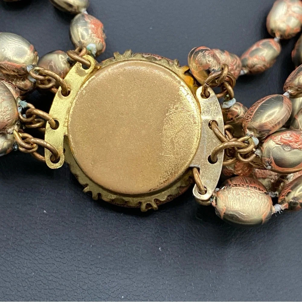 Vintage 1960s Choker Necklace with Plastic Gold and Coral Beads with Leaf Motif