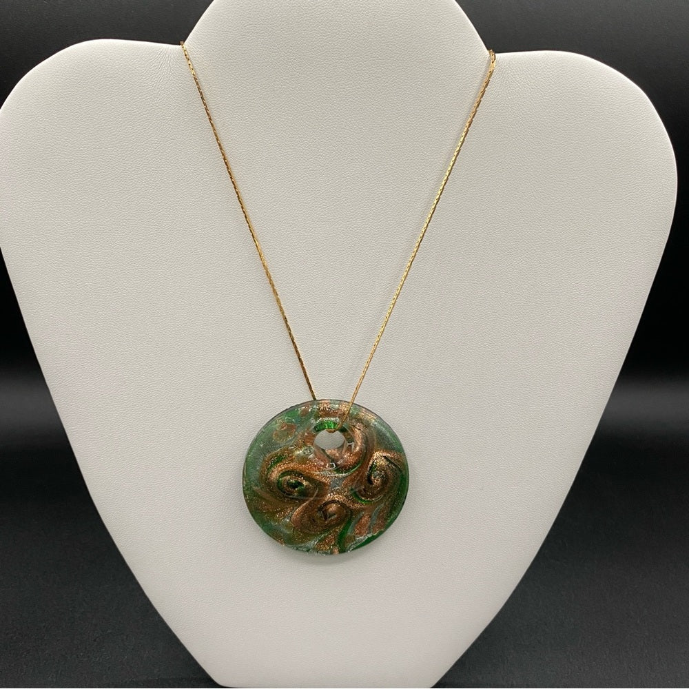 Exquisite Murano Glass Pendant and Earring Set in Green and Gold Swirl