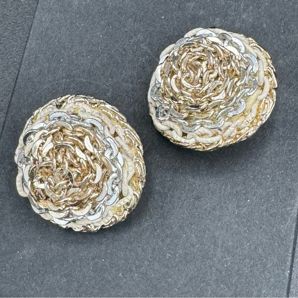 Vintage Three Tone Metal Chain Dome Earrings - Clip On