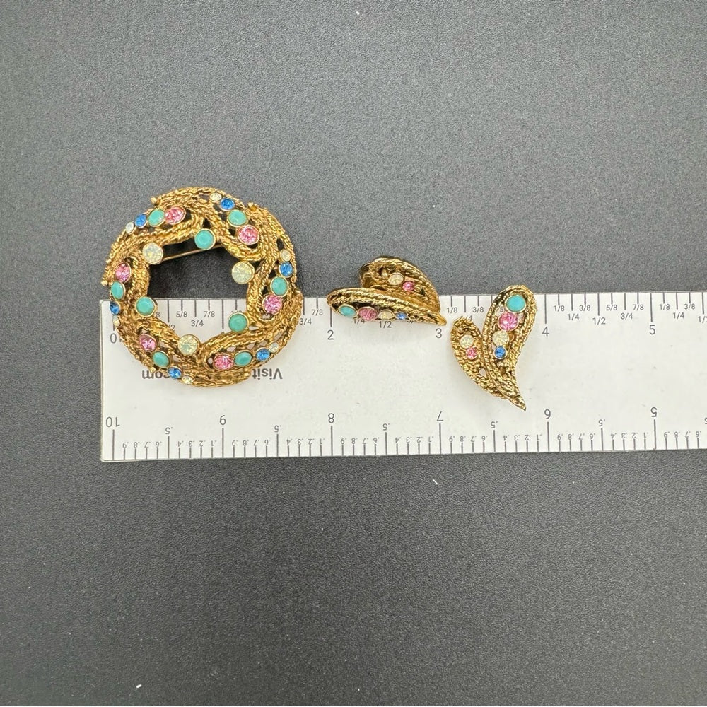 Vintage 1950s Witches Heart Earrings and Brooch Set with Multicolored Rhinestone