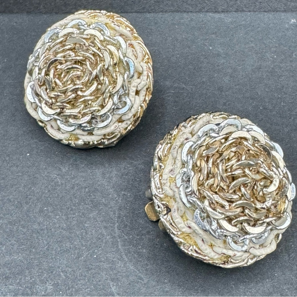 Vintage Three Tone Metal Chain Dome Earrings - Clip On