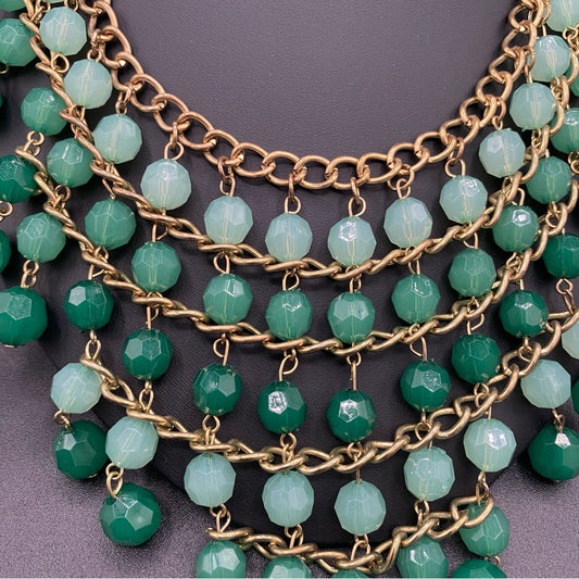 Ombre Green Beaded Fringe Necklace and Pretty Gold Tone Chunky Chain