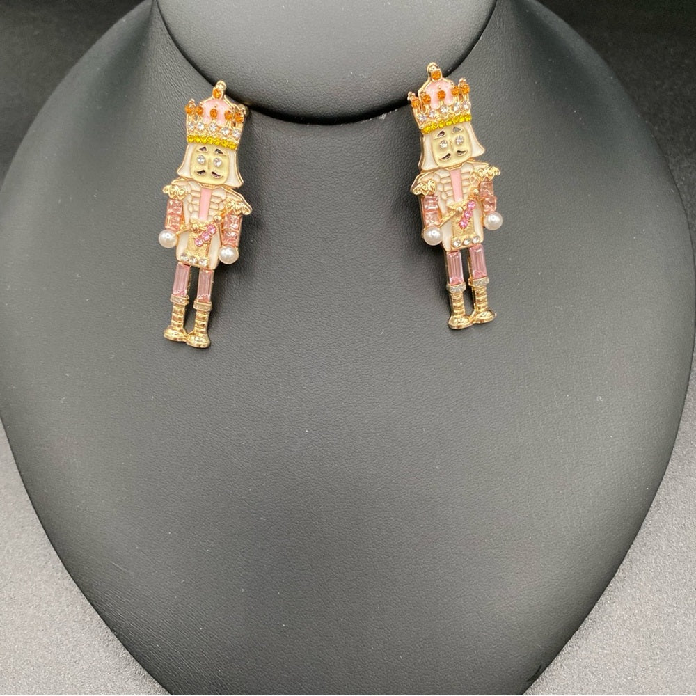 Nutcracker Sparkly Rhinestone Pink Colored Christmas Holiday Earrings