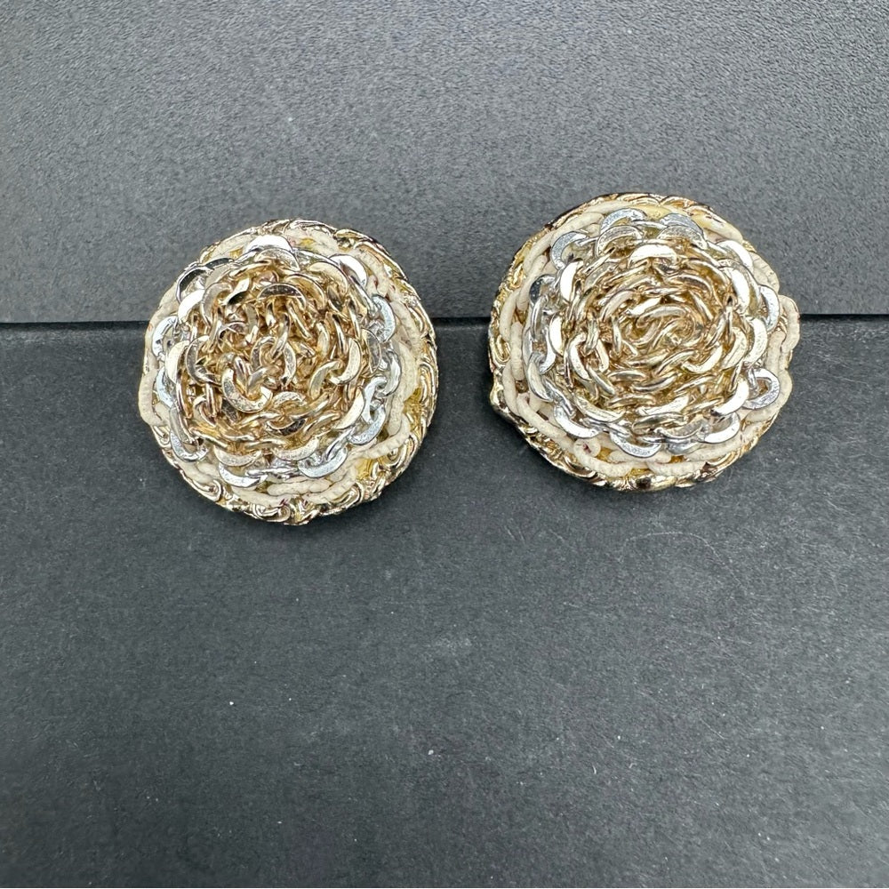 Vintage Three Tone Metal Chain Dome Earrings - Clip On