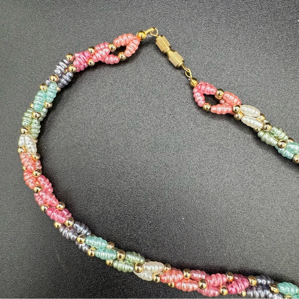 Vintage 1980s Faux Pearl Twisted Pastel Blue, Pink Necklace