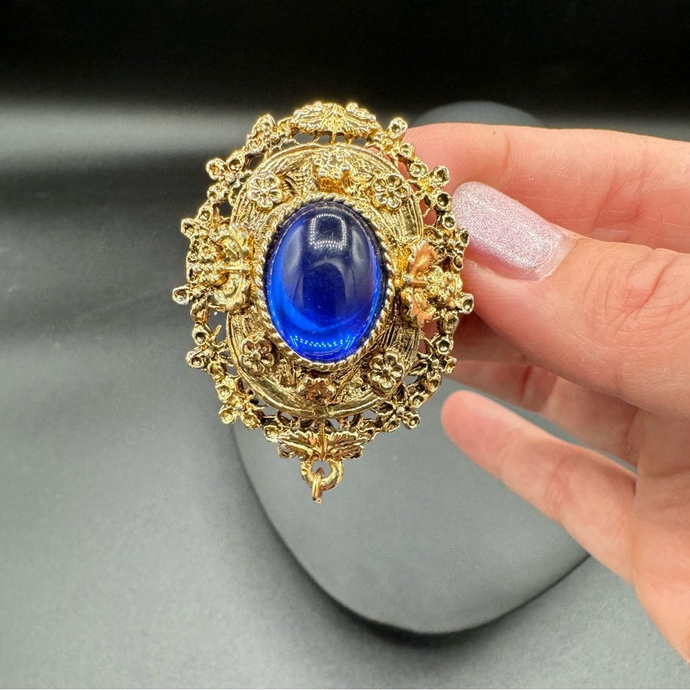 Victorian Revival Ornate Brooch with Royal Blue Cabochon Centre