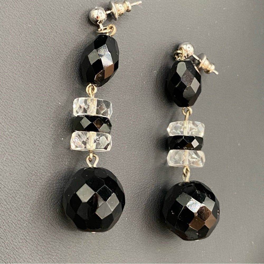 Jet Black Faceted Glass Beaded Dangly Earrings
