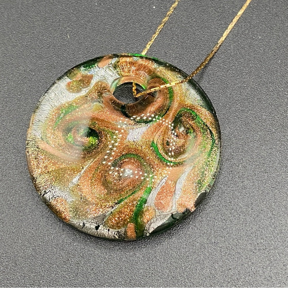 Exquisite Murano Glass Pendant and Earring Set in Green and Gold Swirl