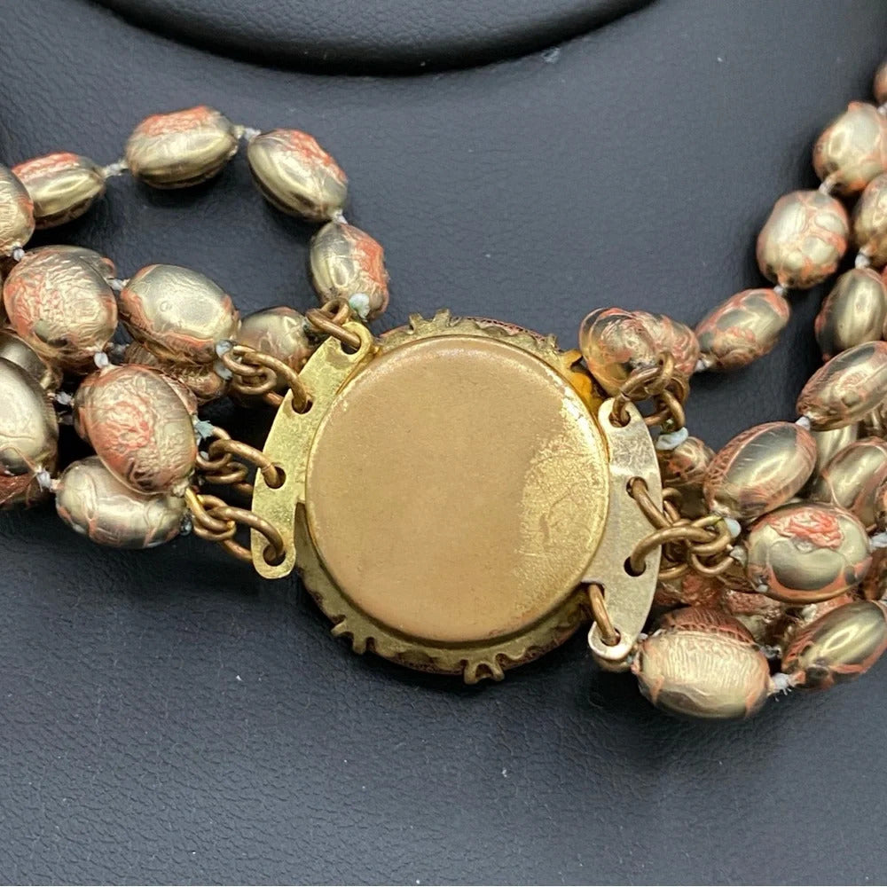 Vintage 1960s Choker Necklace with Plastic Gold and Coral Beads with Leaf Motif