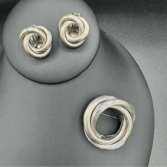 Mid Century Modern Silver Tone Textured Brooch and Clip On Earrings Set