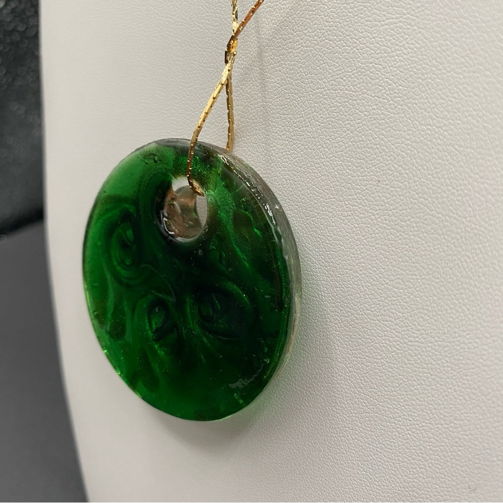 Exquisite Murano Glass Pendant and Earring Set in Green and Gold Swirl