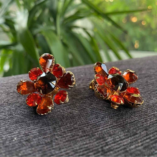 1950s Canary Orange Floral Clip On Earrings