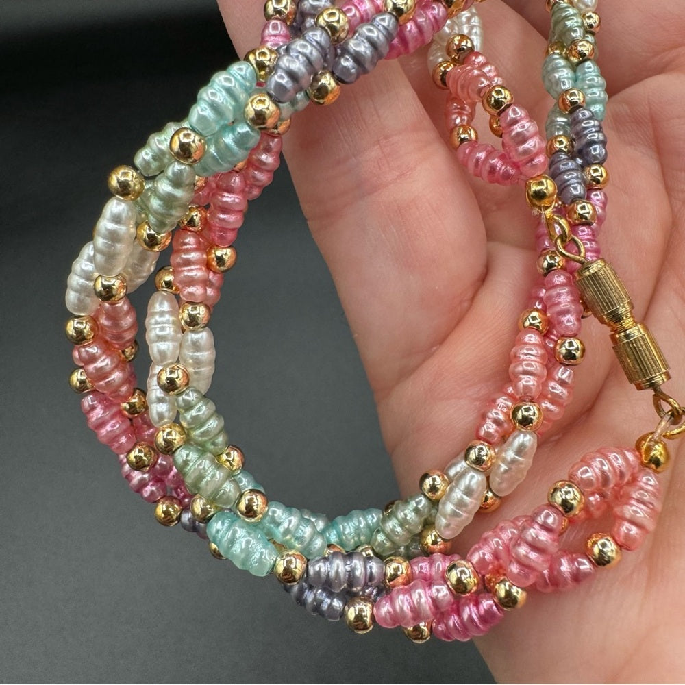 Vintage 1980s Faux Pearl Twisted Pastel Blue, Pink Necklace