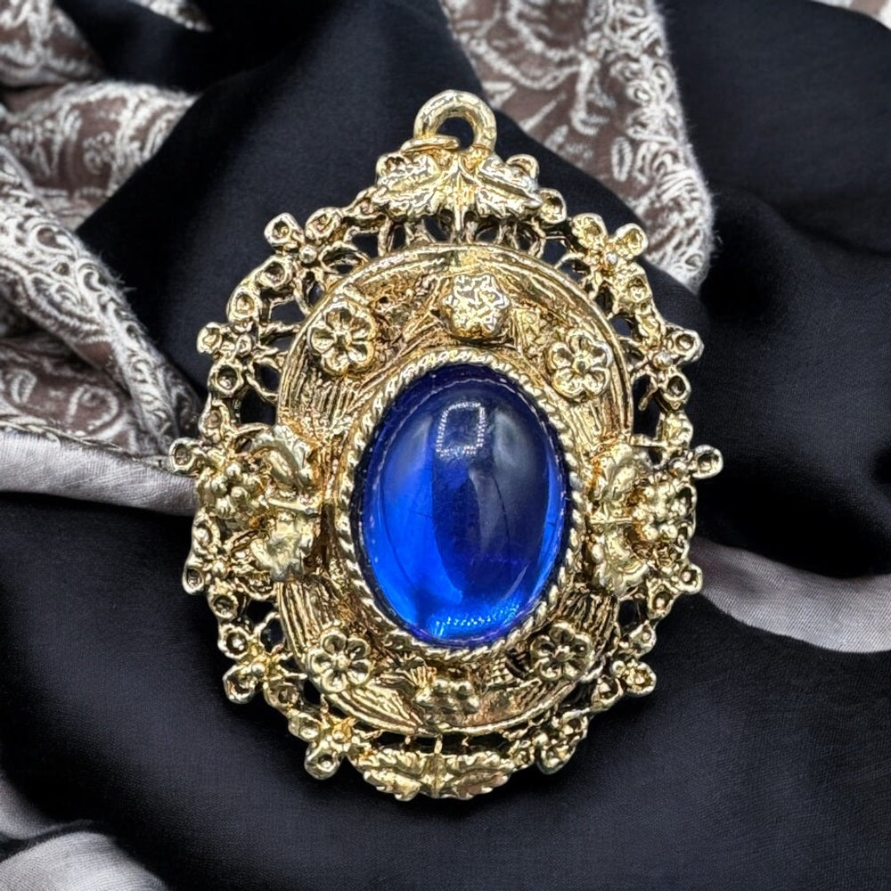 Victorian Revival Ornate Brooch with Royal Blue Cabochon Centre