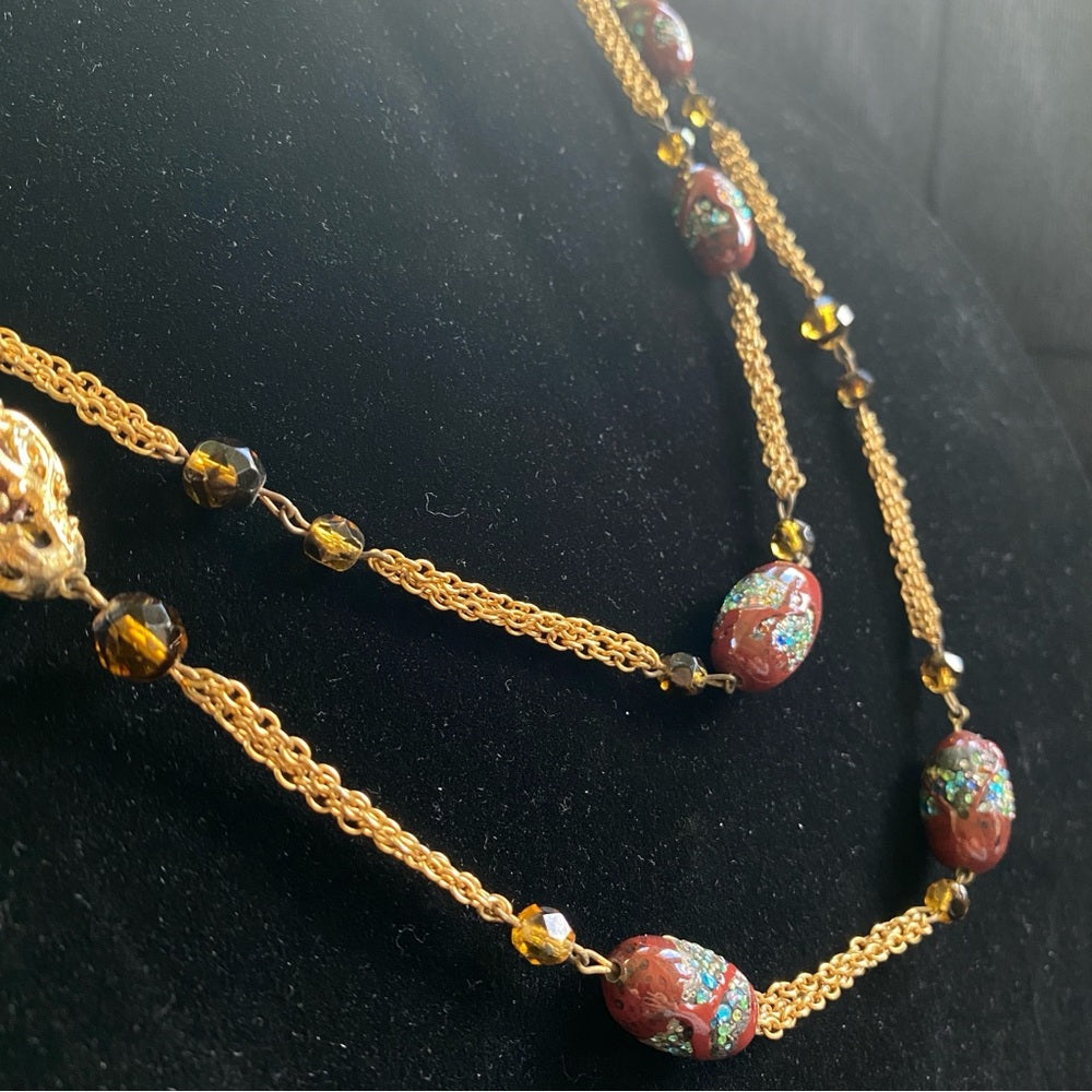 Vintage Textured Glass Bead Flapper Necklace with Gold Tone Filigree Details