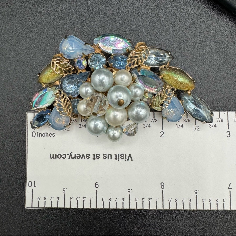 Stunning Blue and Gold Tone Faux Pearl Brooch with Crystal Beads