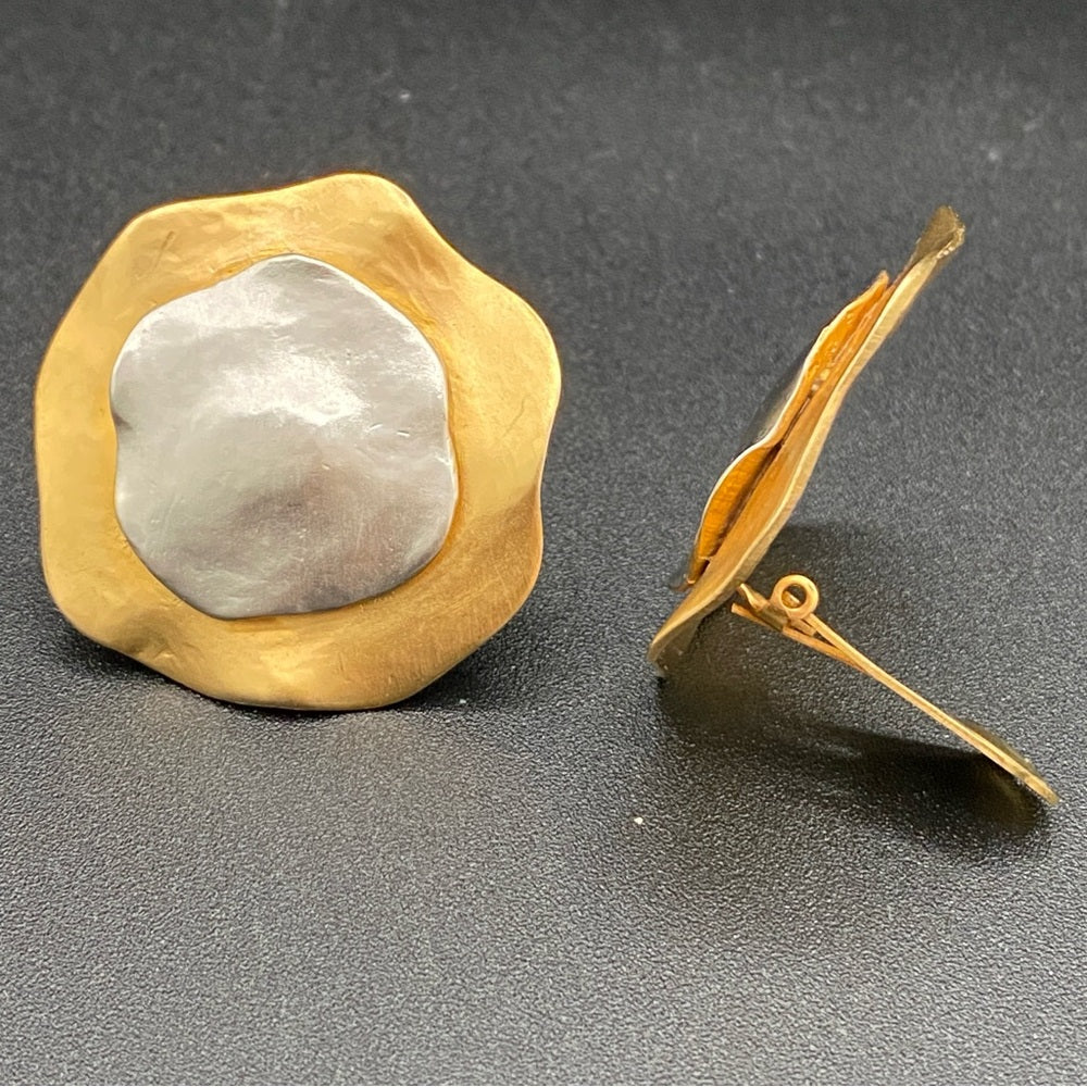 Vintage Modernist Glam Two Tone Textured Metal Earrings