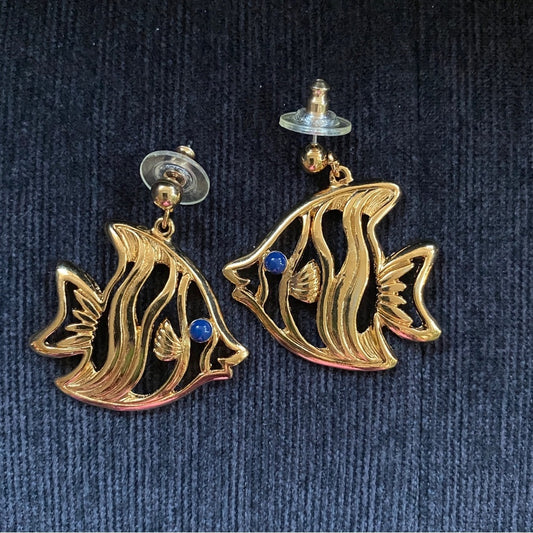 Vintage AVON "Two Fish" Gold Tone Dangle Earrings with Blue Eye Accent