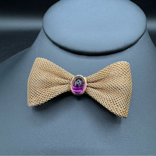 Gold Tone Mesh Pin with Purple Lucite Cabochon Jewel