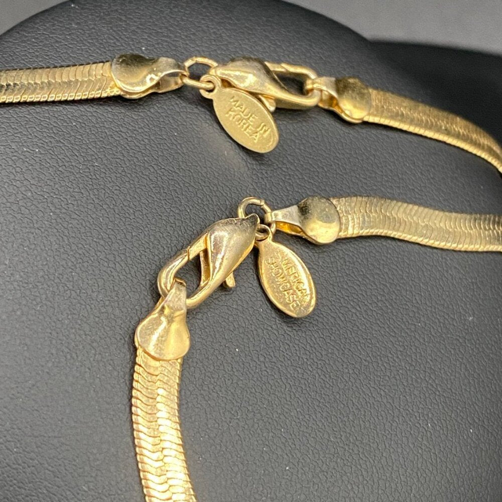 American Showcase 1980s Gold Tone Herringbone Link Bracelet and Necklace Set