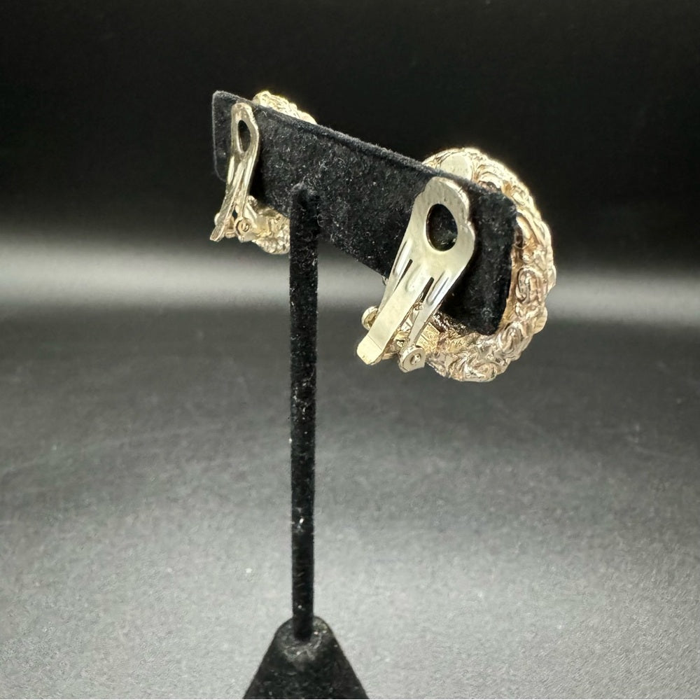Vintage Three Tone Metal Chain Dome Earrings - Clip On