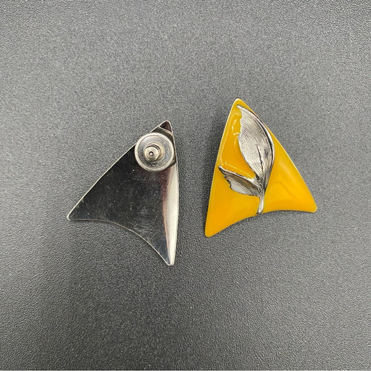 Retro Mod Earrings in Yellow Enamel and Floral Motif