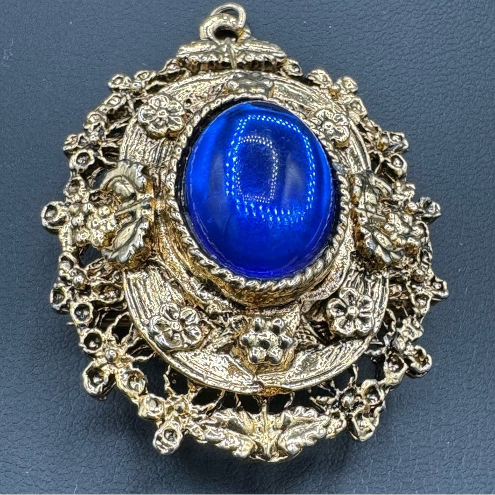 Victorian Revival Ornate Brooch with Royal Blue Cabochon Centre