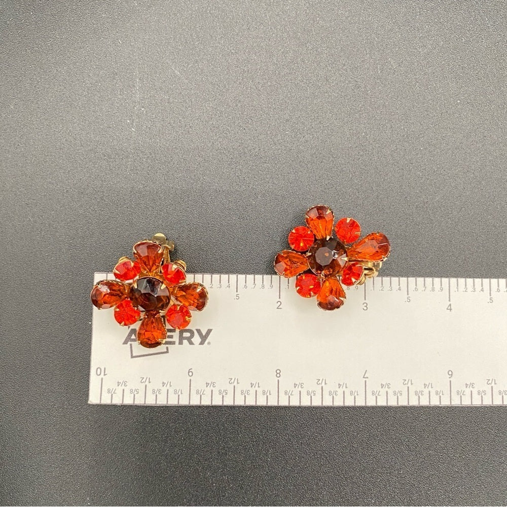 1950s Amber Orange Floral Statement Clip-On Earrings — West Germany Style