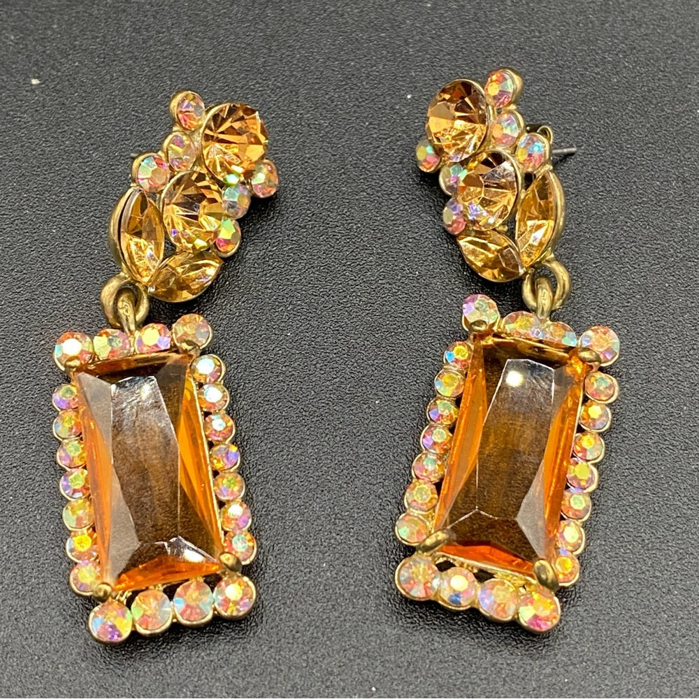 Glamorous Topaz and Aurora Borealis Glass and Rhinestone Drop Earrings Pierced