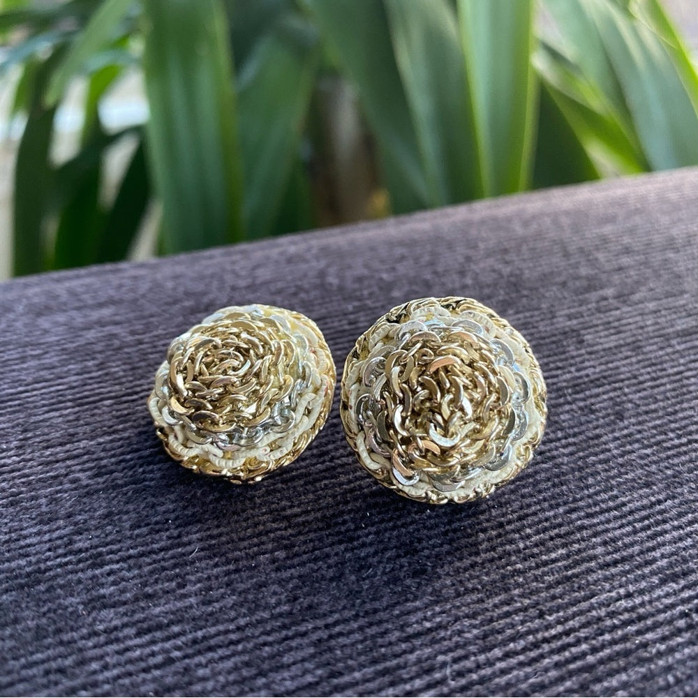 Vintage Three Tone Metal Chain Dome Earrings - Clip On