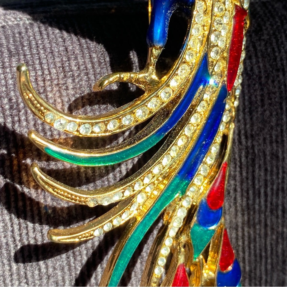 Colorful Bird Brooch In Blue, Red, Green Enamel and Sparkly Rhinestones in Gold