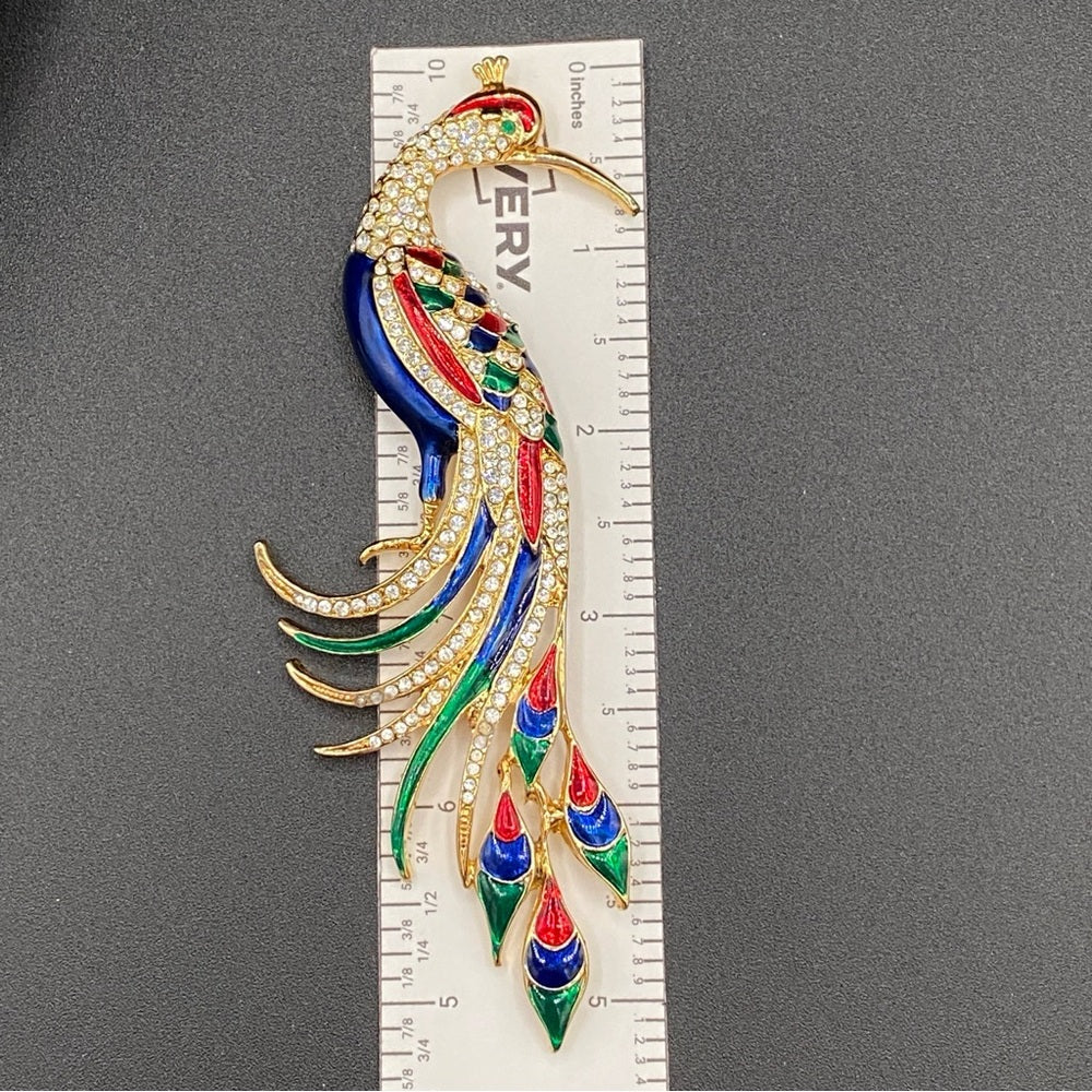 Colorful Bird Brooch In Blue, Red, Green Enamel and Sparkly Rhinestones in Gold