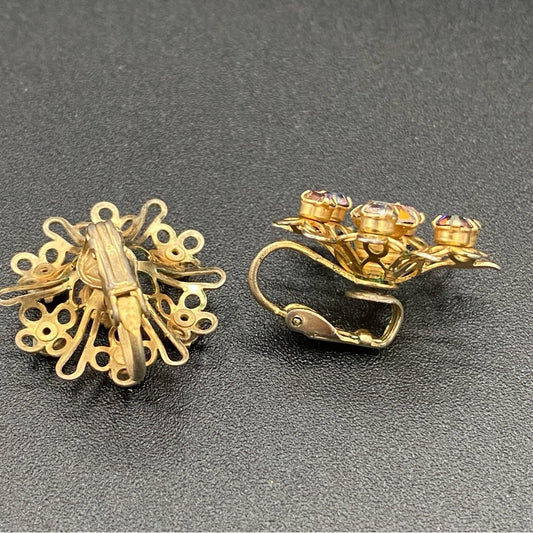 1950s Aurora Borealis Rhinestone Starburst Flower Clip On Earrings