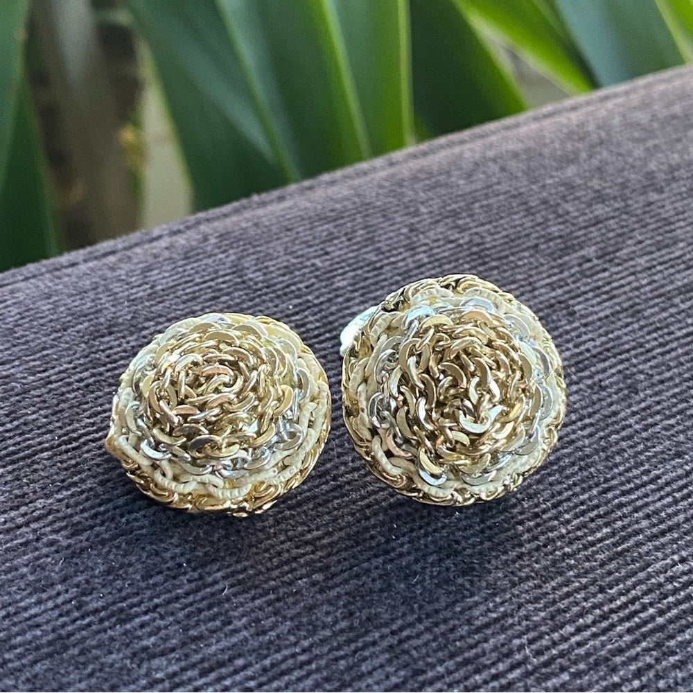 Vintage Three Tone Metal Chain Dome Earrings - Clip On
