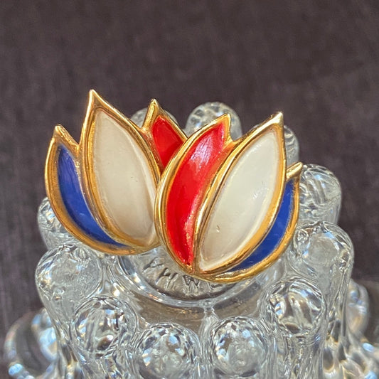 Vintage Tri-Color Red, White, Blue Lotus Flame Clip On Earrings