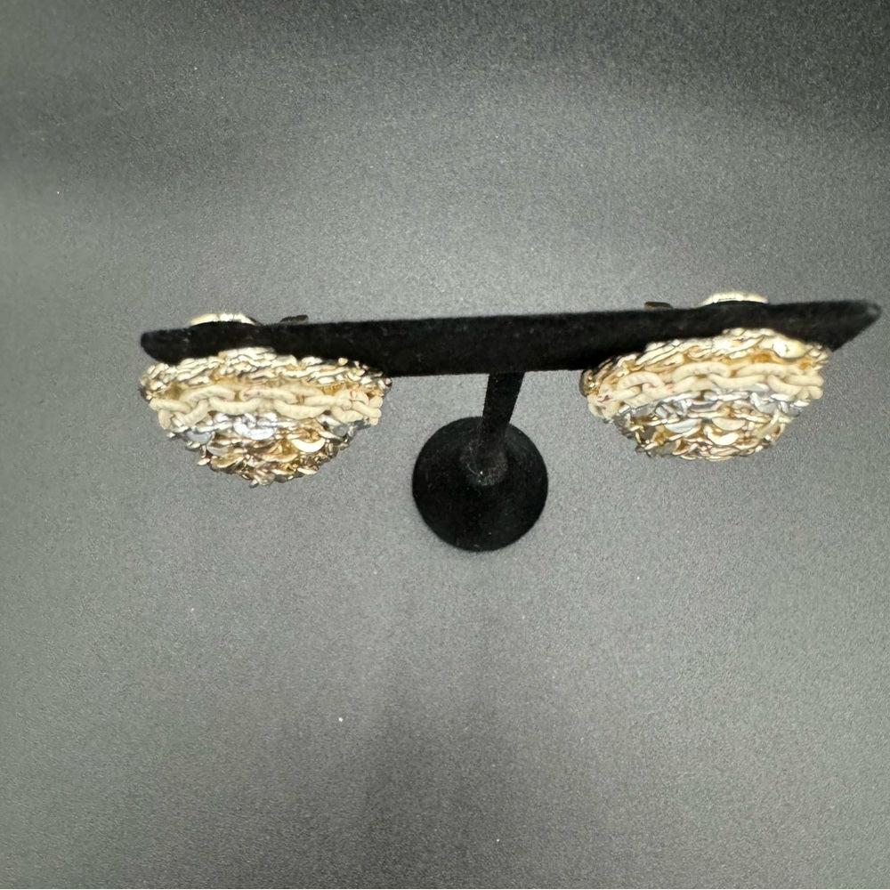 Vintage Three Tone Metal Chain Dome Earrings - Clip On