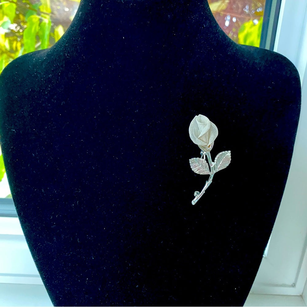 Anne Klein Signed Mesh Rose Silver Tone Brooch